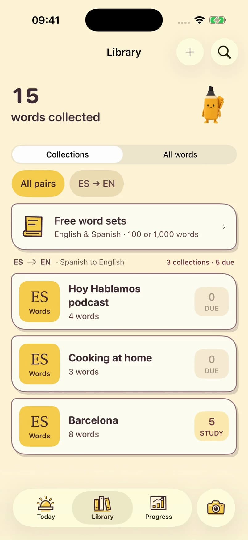 Intervala library: word search, Spanish to English collections, and words ready to study.