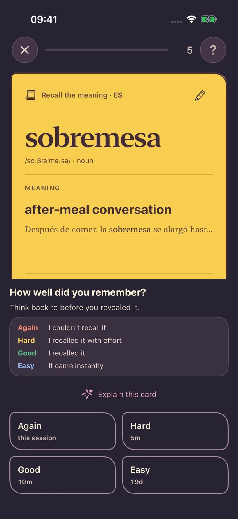 Intervala study: a saved Spanish word, its meaning, and four recall ratings.