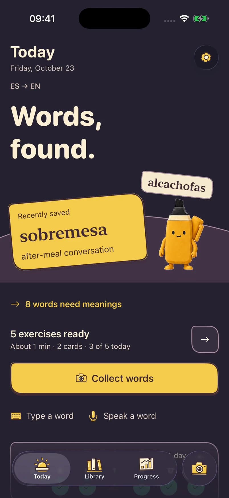 Intervala Today: saved Spanish words, exercises ready to practise, and quick capture actions.