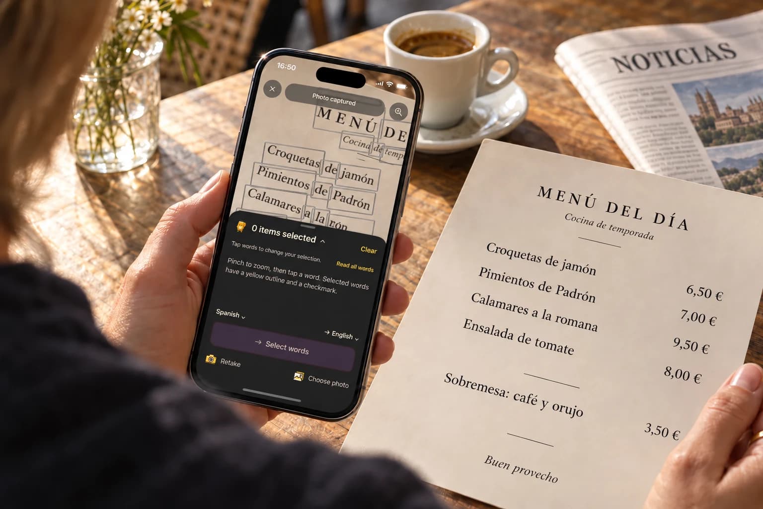 Intervala in a café, with the interface in your selected language.